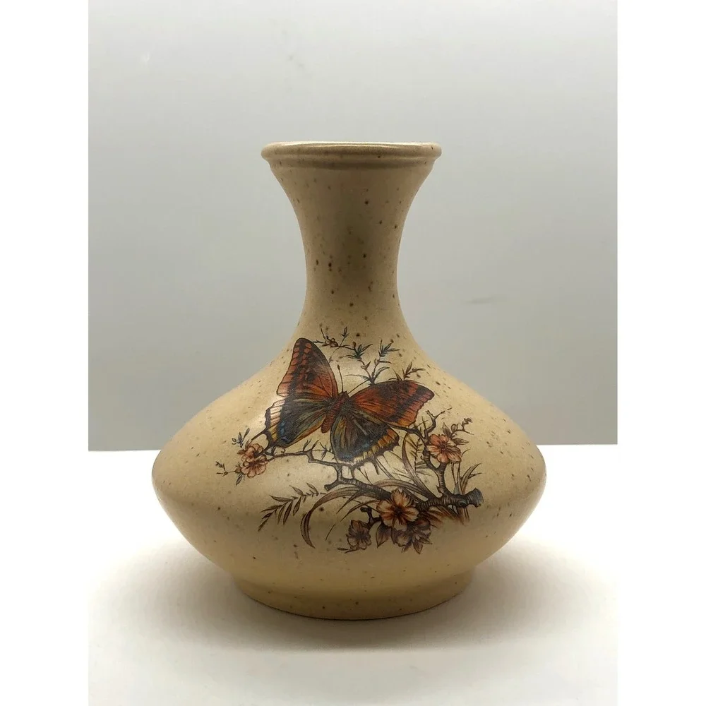 Vintage Ceramic Butterfly Floral Bud‎ Vase Speckled Cream Nature Decor 5 Inch